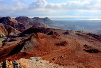 Red mountains ashore the Aral Sea